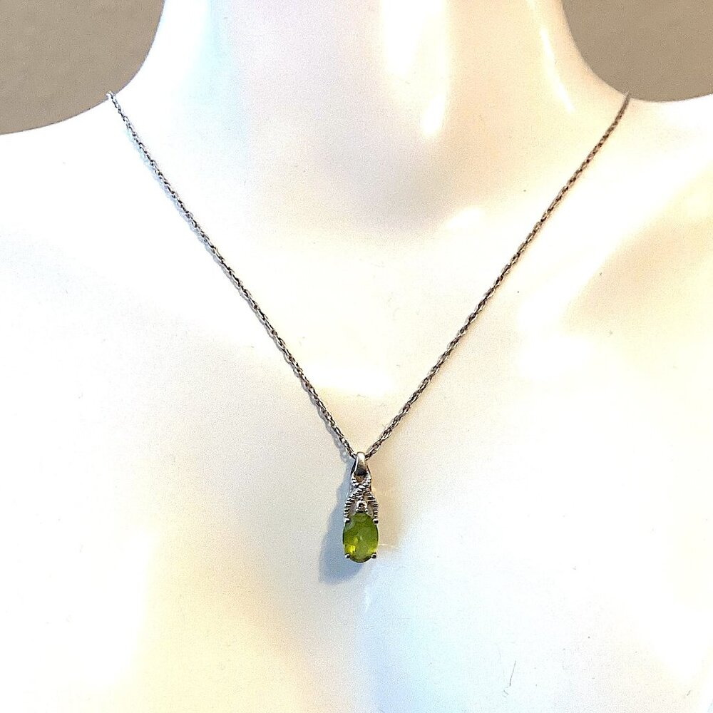 Vintage Peridot Necklace, Sterling Silver with CZ and Green Stone Pendant - Picture 4 of 12